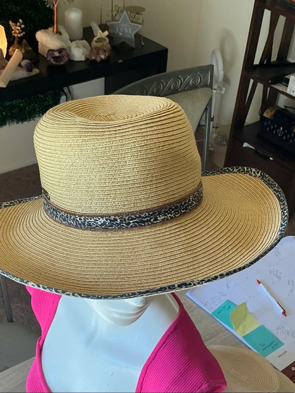 Natural Straw Wide-Brim Hat with Leopard-Accent Trim